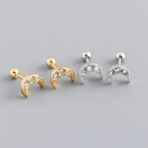 Gold moon-shaped zircon S925 earring stud piercing